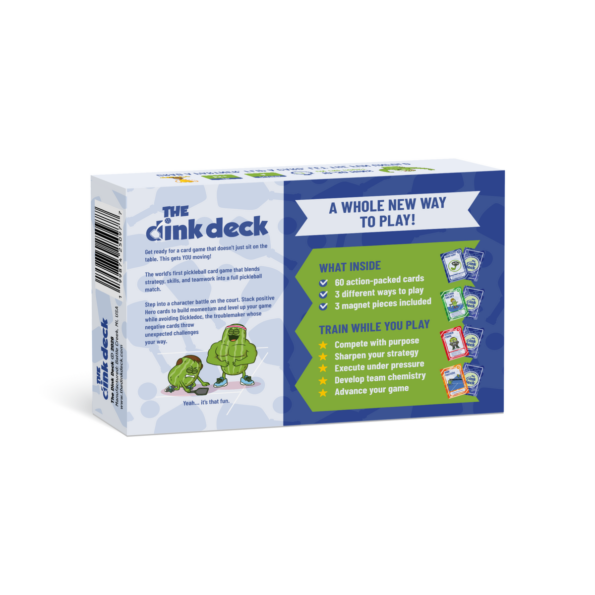 The Dink Deck pickleball card game box back showing 60 action cards, 3 ways to play and 3 magnets