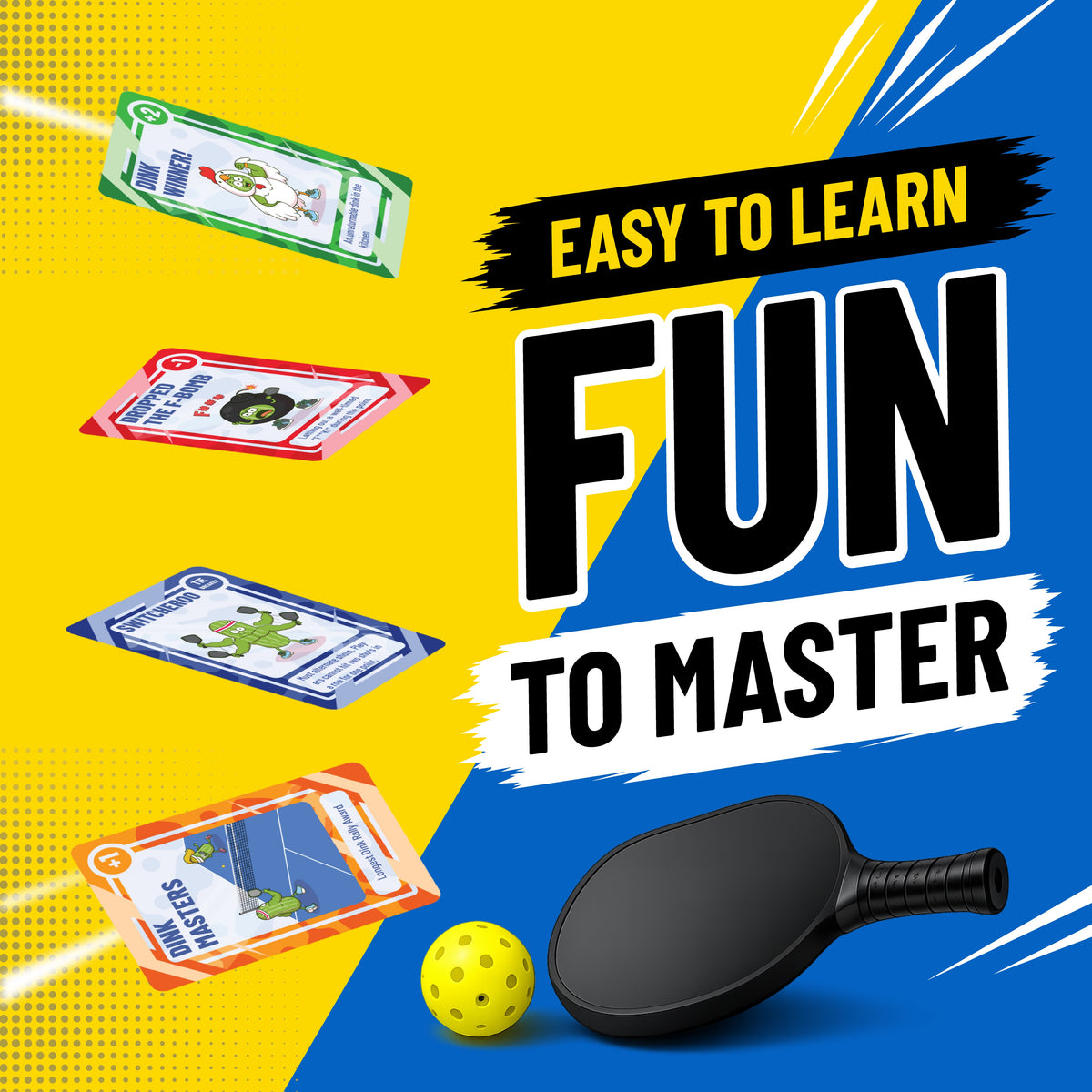 The Dink Deck pickleball card game with cards, paddle and ball — easy to learn, fun to master