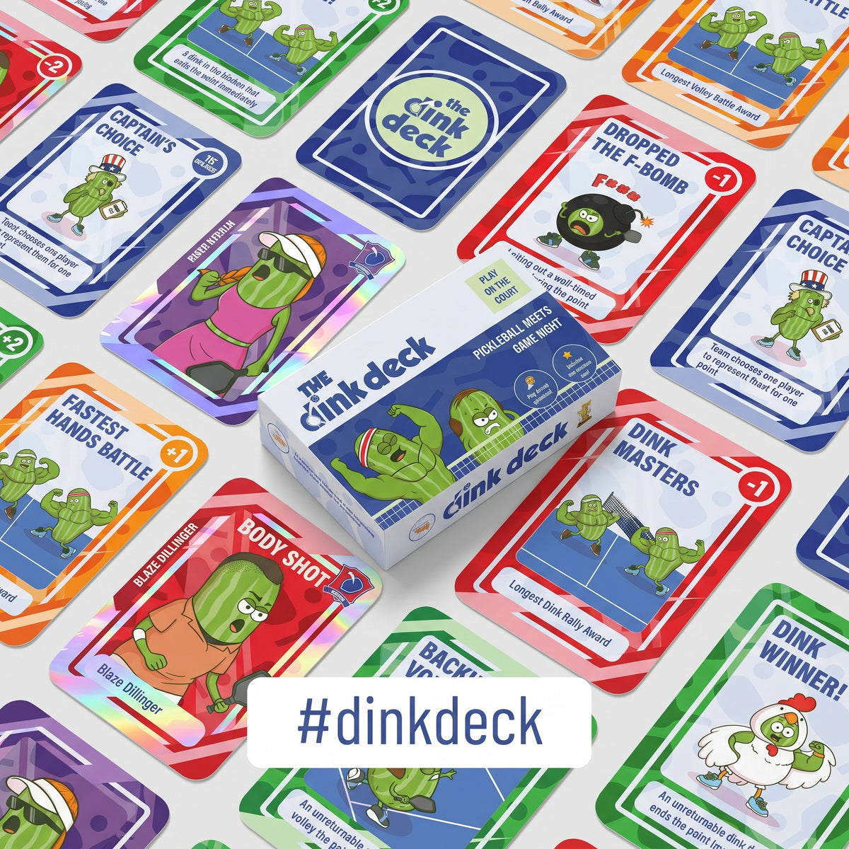 The Dink Deck pickleball card game box surrounded by colorful character action cards