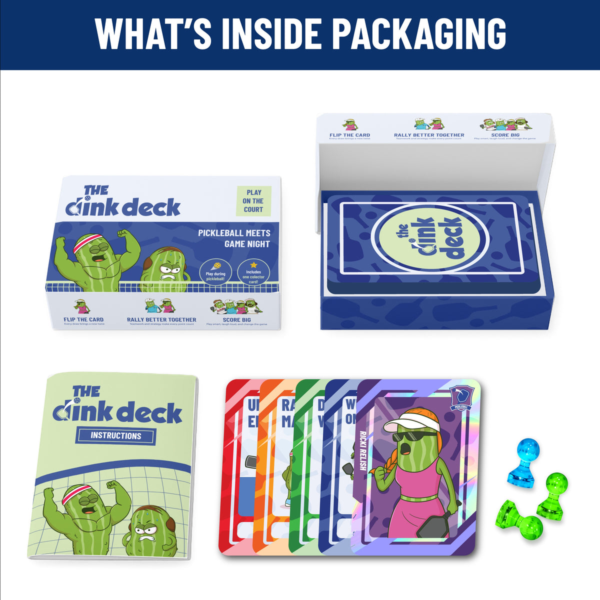 What's inside The Dink Deck: pickleball card game box, instruction booklet, action cards and character magnets